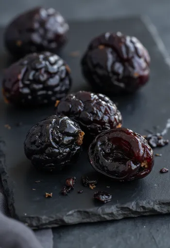 Сува шљива у керамичкој чинији, са свежом шљивом, циметом и медом