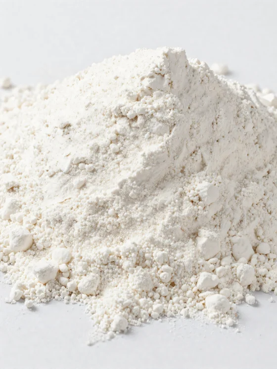 Кокосово брашно у керамичкој чинији, прах светле боје и фине текстуре на дрвеној површини