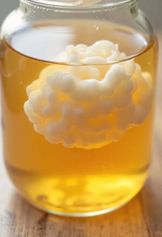 Састојци за комбуха основу: SCOBY, црни чај, шећер и тегла за ферментацију на дрвеној површини