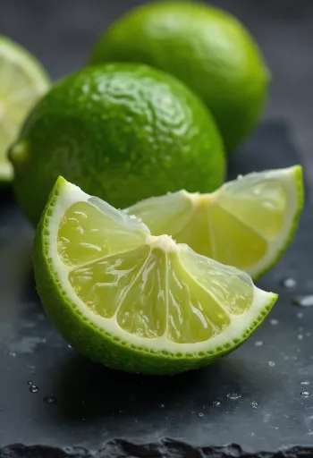 Свежа лимета цела и пресечена на пола у чинији и на рустичном дрвеном столу, са водом са лиметом