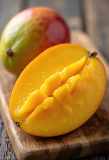 Свеж манго исечен на кришке на дрвеном столу, са месом јарко наранџасте боје