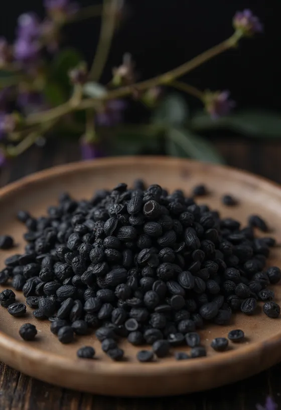 Осушена зрна црне слачице расута по дрвеном кухињском пулту.