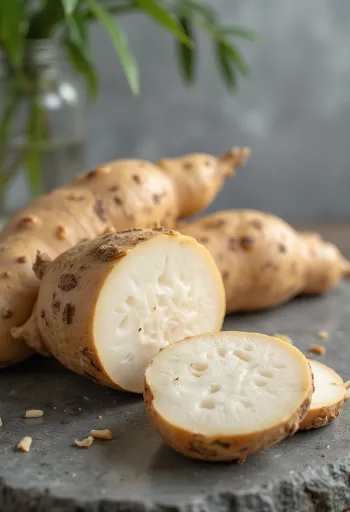 Исечени корени маниоке (касаве), на дасци за сечење, окружени свежим поврћем