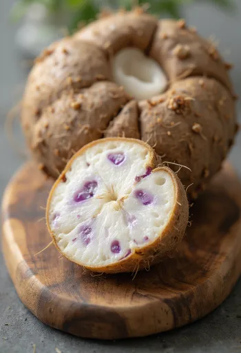 Исечени таро корен (taro root) на дасци за сечење, окружен свежим коренастим поврћем