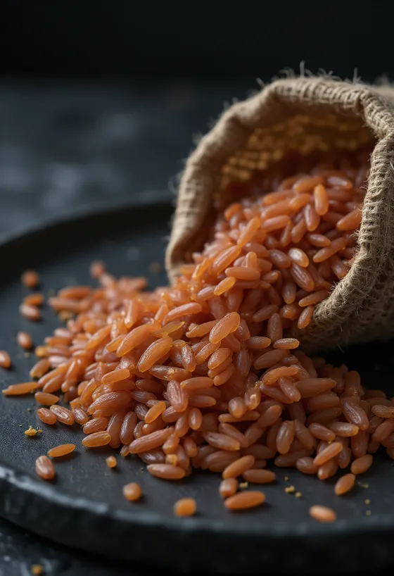 Свежа зрна Тајландског Cargo црвеног пиринча на чистом тањиру