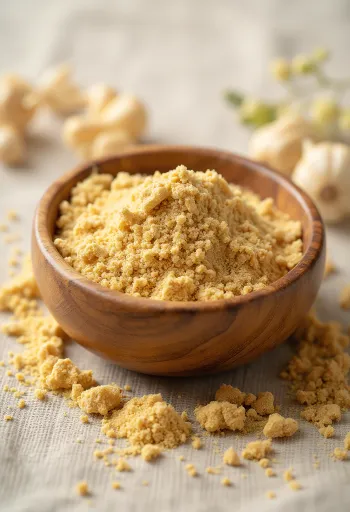 Ашваганда прах у малој тегли, земљане браон боје, окружен свежим корењем ашваганде