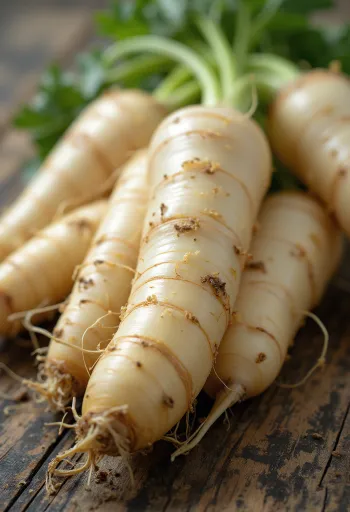 Свеж паштрнак са зеленим стабљикама, делимично исечен на дасци за сечење