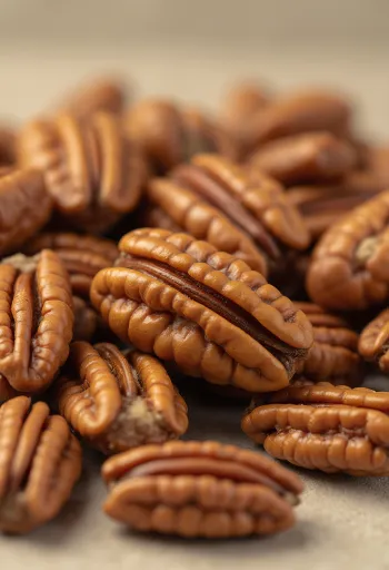 Очишћено језгро пекан ораха у дрвеној чинији и расуто по светлој површини