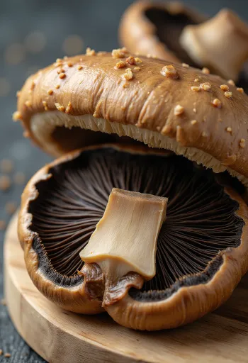 Свеже портобело печурке на дасци за сечење, припремљене за роштиљ са маслиновим уљем и рузмарином