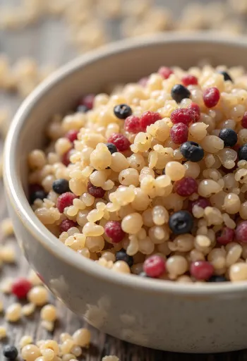 Мешавина сирових зрна киное у керамичкој чинији, на дрвеној површини