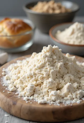 Сирово ражано брашно у керамичкој чинији, расуто по дрвеној површини