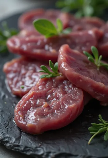 Исечена сирова свињска џигерица на дрвеној дасци, тамноцрвени филеи