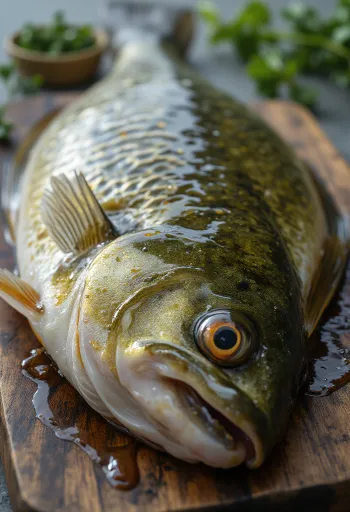 Свежи филеи гргеча са зачинима и лимуном на дрвеној дасци