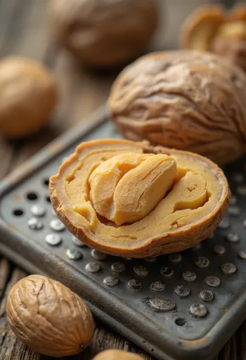 Цео и млевени зачин мушкатни орашчић у чинијици на дрвеној површини