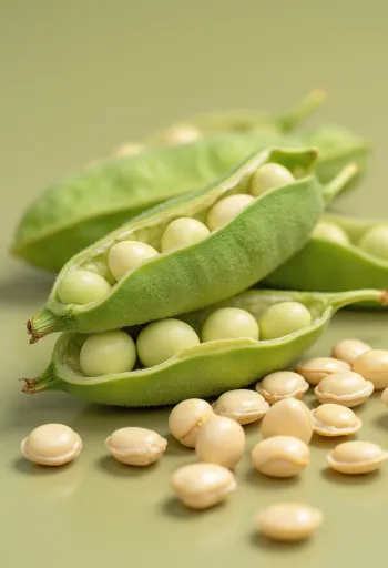 Сојино зрно у керамичкој чинији и расуто по дрвеном столу, са едамаме махунама и листовима