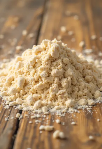 Интегрално брашно у рустичној чинији, расуто по дрвеној површини