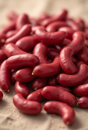 Фотореалистичан црвени пасуљ у керамичкој чинији и на варјачи на рустичном столу