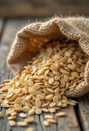 Очишћена зрна овса у малој врећи и прострта по дрвеној површини