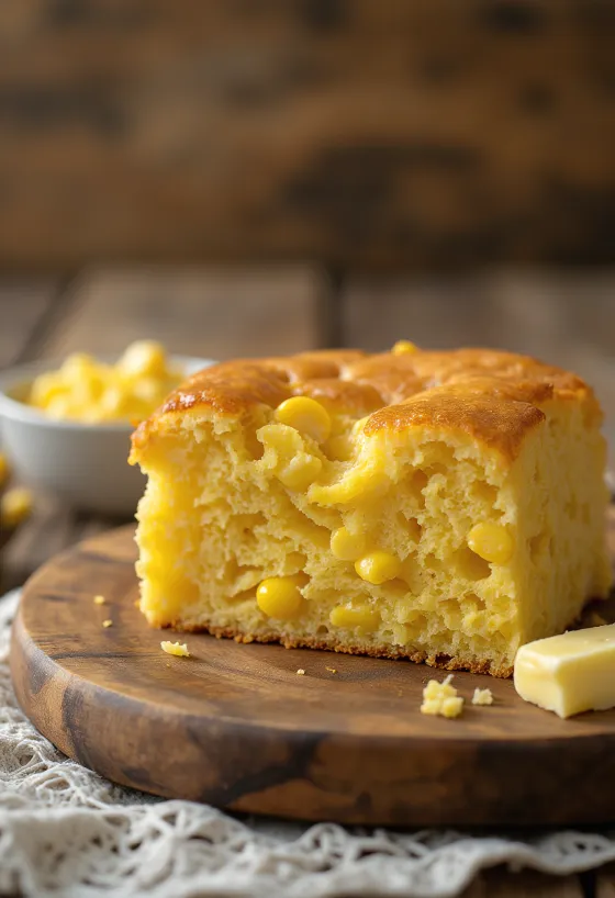 Cornbread са кукурузом исечен, златно-смеђе боје и меке текстуре
