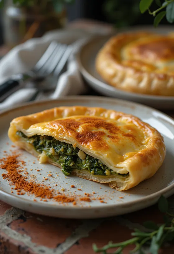 Спанакопита са црвеном паприком, златносмеђе, хрскаво тесто са богатим пуњењем од спанаћа