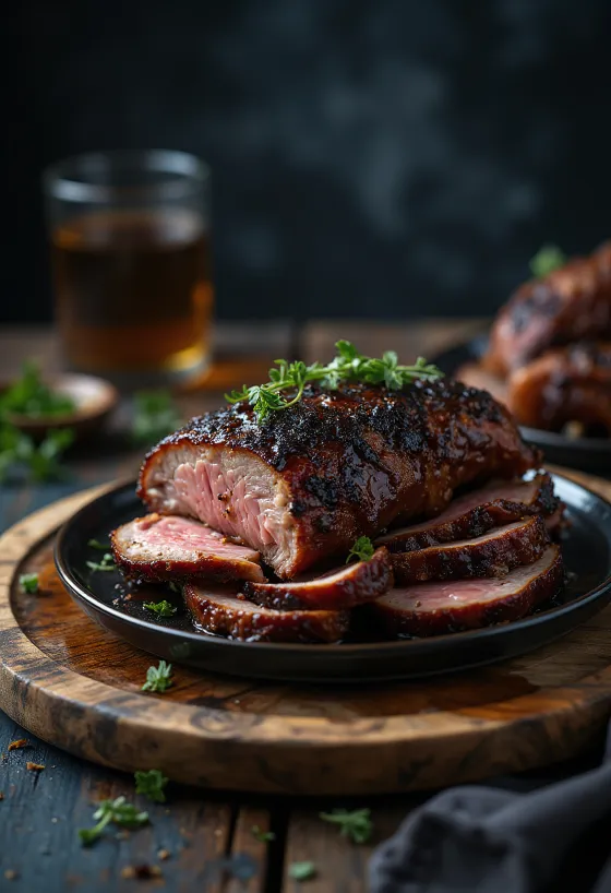 Димљени BBQ бут дивље свиње сервиран на тацни