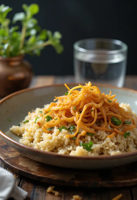 Муџадара са прженим луком, сервирана са свежим лимуном