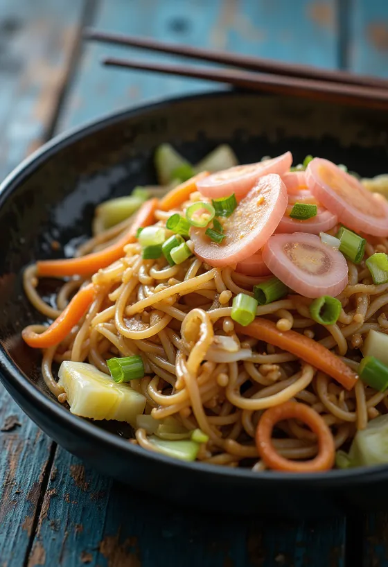 Yakisoba са поврћем, пржена тестенина сервирана са шареним поврћем