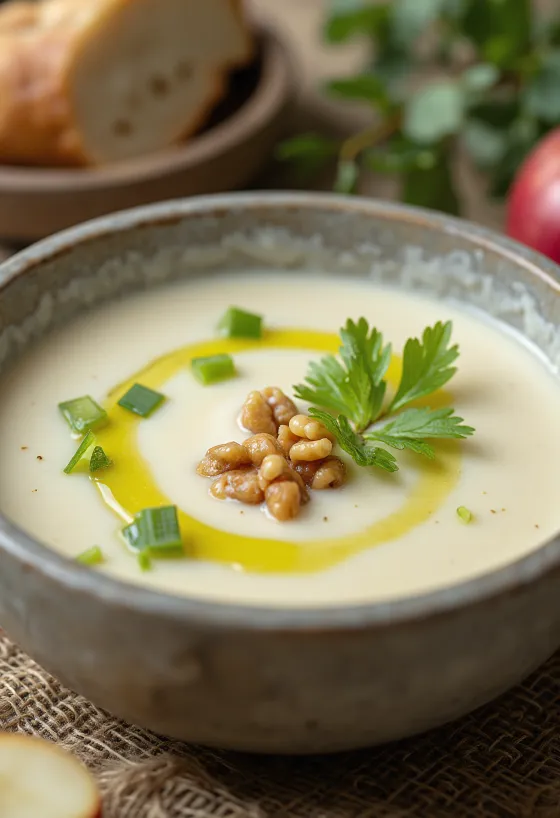 Крем чорба од целера и јабуке сервирана