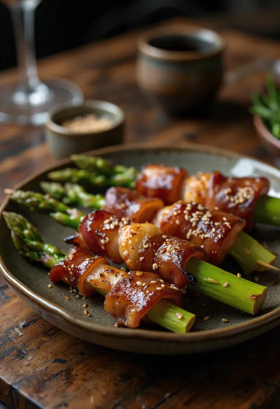 Аспарагус бацон yакитори на штапићу, сервиран са сусамом и свежим младим луком