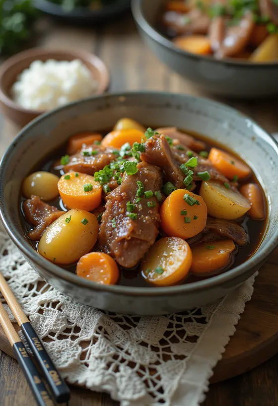 Никујага са димљеним месом сервирана, у богатом сосу од соја соса