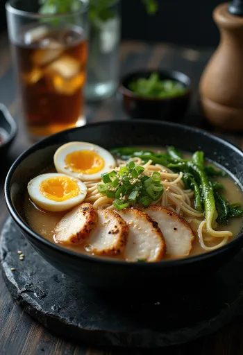 Halal ramen сервиран са пилетином, бок чојем и јајетом