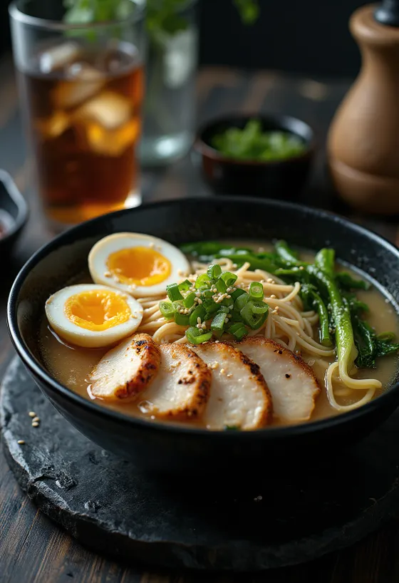 Halal ramen сервиран са пилетином, бок чојем и јајетом