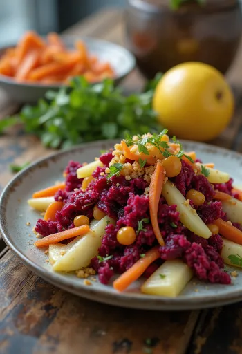 Пребиотичка салата од цвекле и јабуке сервирана са першуном