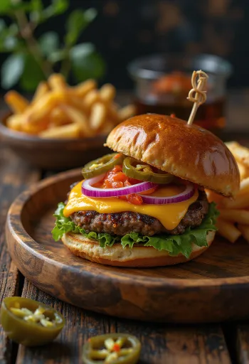 Љути халапењо бургер сервиран на дрвеној дасци