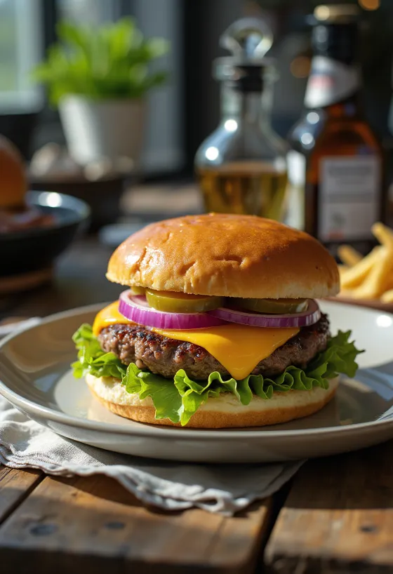 Класични амерички хамбургер са сочном пљескавицом и чедар сиром