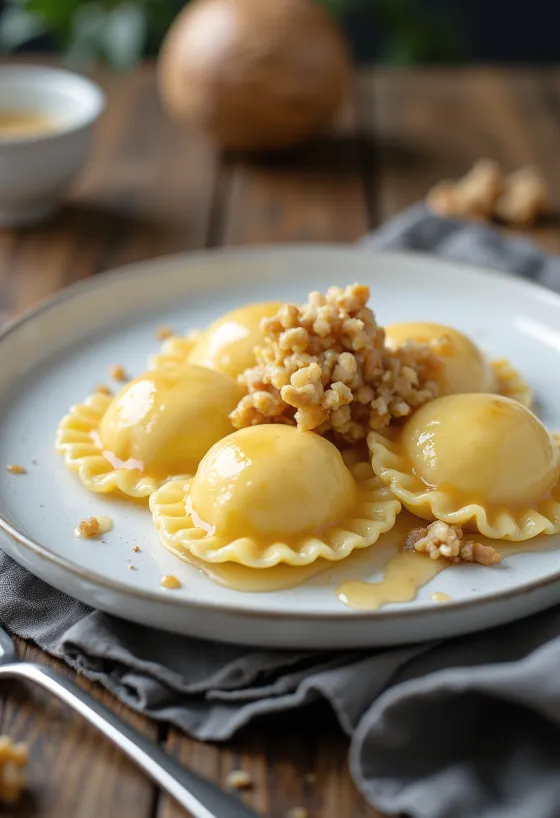 Равиоли са млечним карамелом сервирани на тањиру