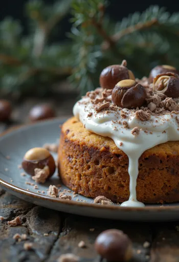 Зимска торта од кестена украшена црном чоколадом и орасима