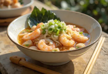 Баџирак Калгуксу сервиран, богат морским плодовима и пилетином