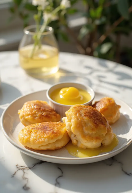 Æbleskiver са кремом од лимуна, свеже и пуначке лоптице, украшене сосом од лимуна
