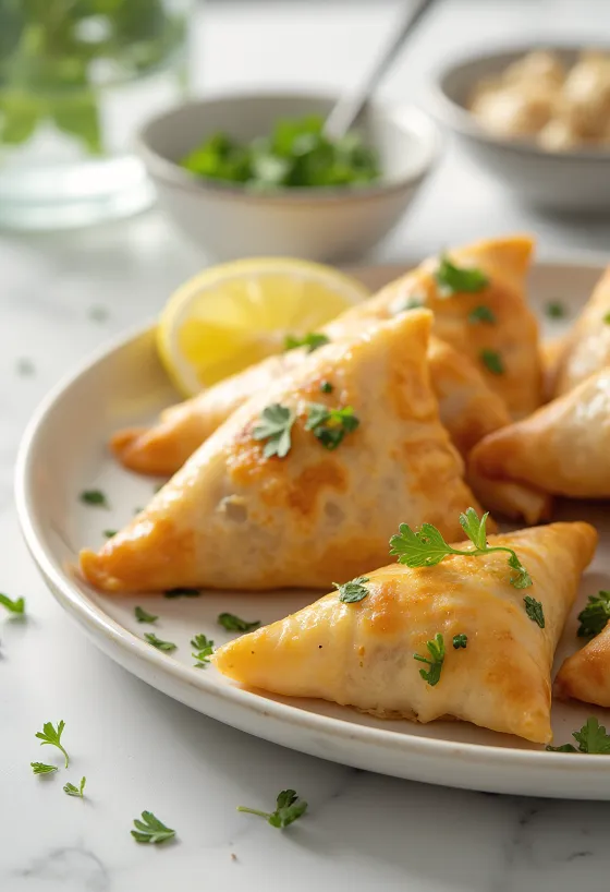 Самоса са леблебијом и коријандером сервирана