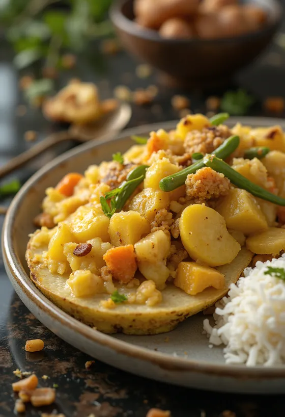 Авиал са кромпиром, кокосовим поврћем у чинији, свеже сервирано
