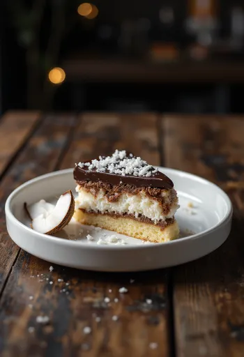 Баунти торта украшена чоколадном глазуром и кокосовим брашном