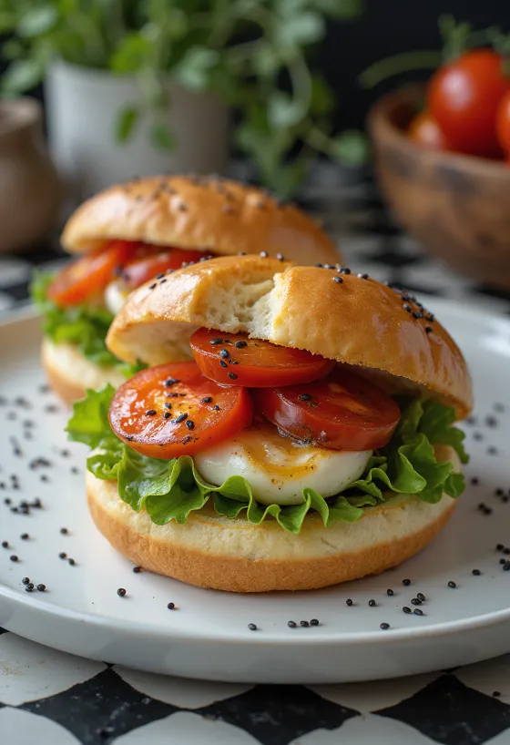 Бао пециво са печеним парадајзом и моцарелом сервирано