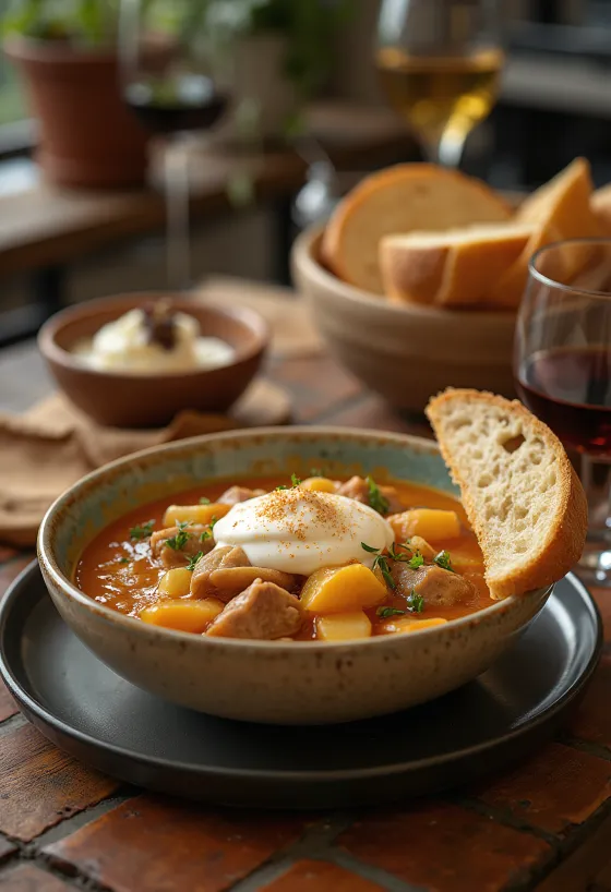 Традиционални секељ гулаш са сочном свињетином и киселим купусом, сервиран са павлаком.