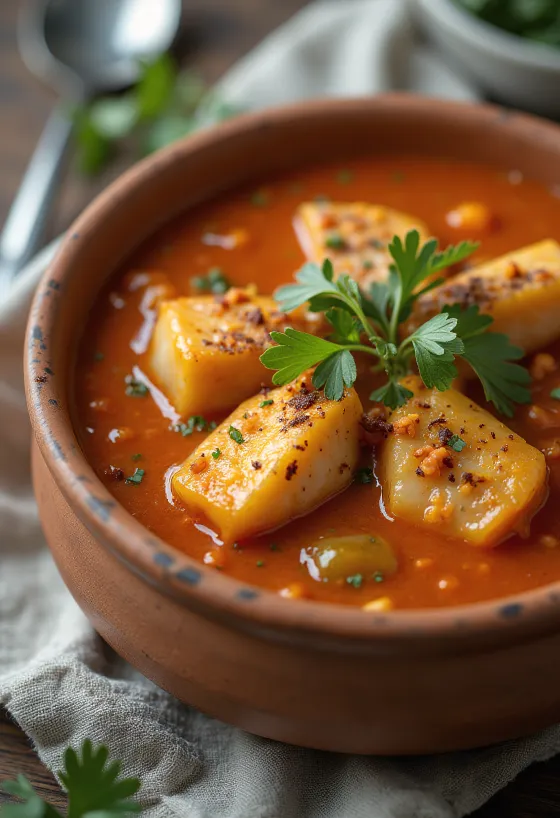 Мокека сервирана са зачињеним сосом, рибом и кокосовим млеком