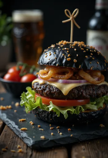 Поноћно црни бургер сервиран