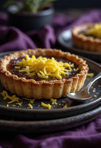Вегански treacle tart, златно-смеђа пита, исечена и сервирана