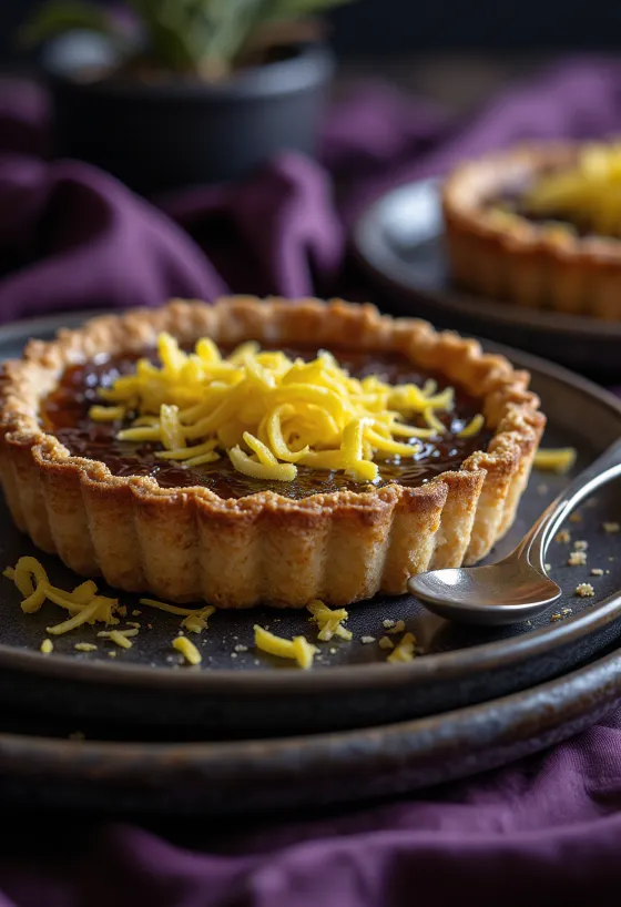 Вегански treacle tart, златно-смеђа пита, исечена и сервирана