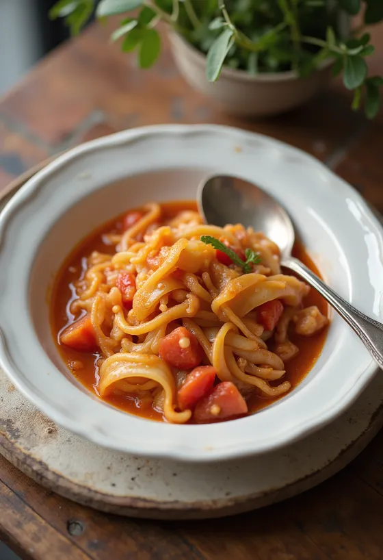 Вариво од купуса са парадајзом сервирано са свежом мирођијом и сочним ћуфтама.