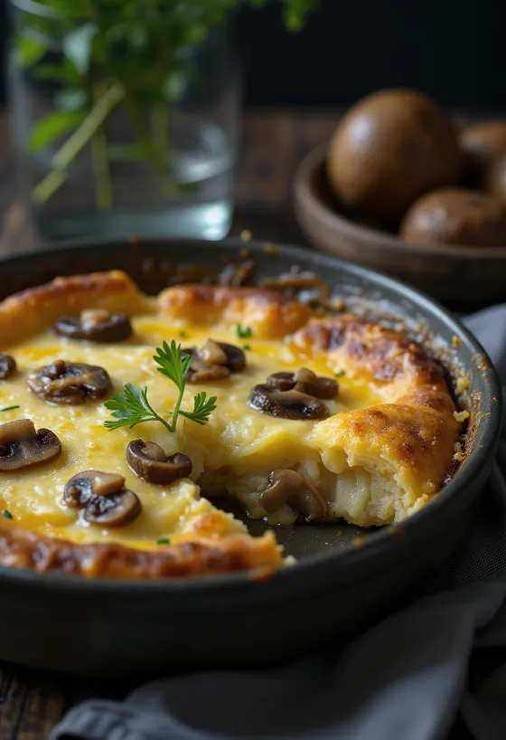 Fish pie са печуркама, са златно-смеђим кремастим кромпиром и рибљим пуњењем